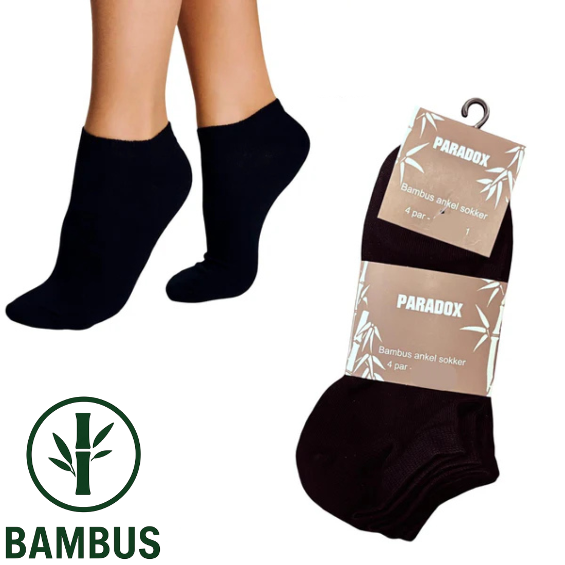 Ankelsokker - Bambus | Sort (4-pak)